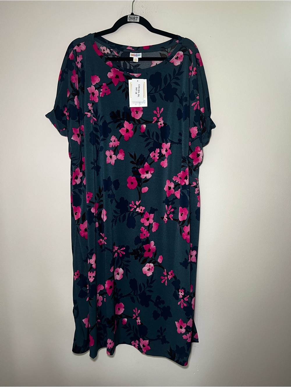 LuLaRoe Chelsea Dark Teal Shift Dress with Pink Floral Print